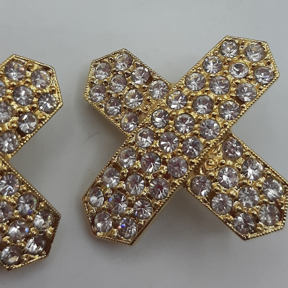 Kenneth Lane Rhinestone Clip On Earrings Criss Cross Gold Tone Signed - Picture 3 of 5